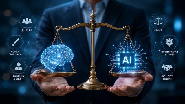 Balancing Human Values and Artificial Intelligence in a Modern Society with Scales Representing Ethics, Creativity, and Trust in Technology