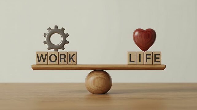 Work life balance concept with wooden scale balancing work gear and life heart symbols