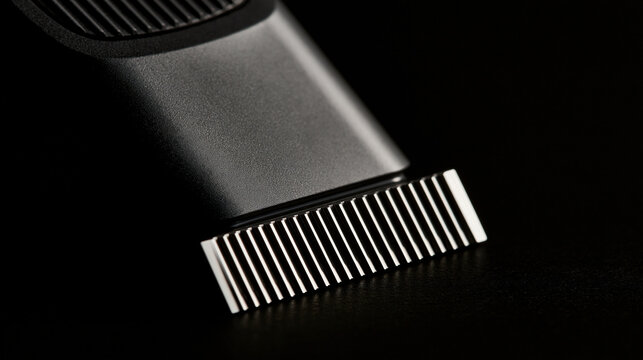Elegent photo of Macro view of sharp metal electric trimmer blades against a dark background. Perfect for masculine grooming and personal care branding campaigns.