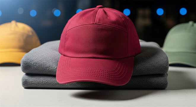 Red baseball cap mockup on folded grey sweatshirt, blank cotton snapback hat for branding, custom apparel display