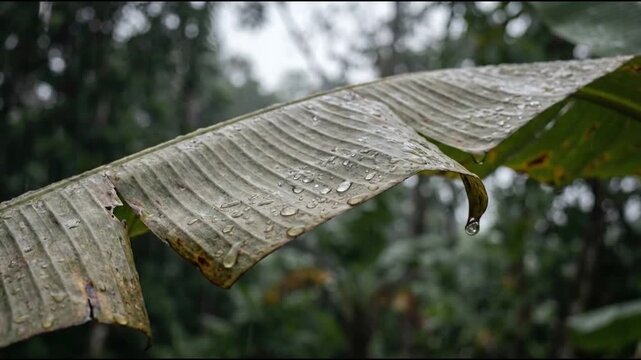 Raindrops Dripping from Banana Leaf in Tropical Forest