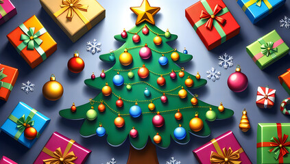 Fototapeta premium Colorful christmas tree with ornaments and gifts in pixel art style