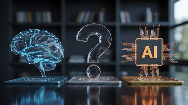 Artificial intelligence concept with digital brain, question mark and ai technology symbols