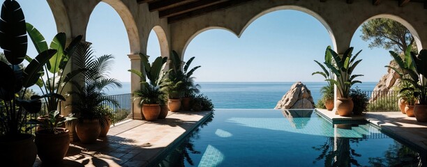 Fototapeta premium Arched balcony overlooks infinity pool and blue ocean. Rich plants frame serene coastal view with rocks and clear sky. Sunny day at luxury resort.