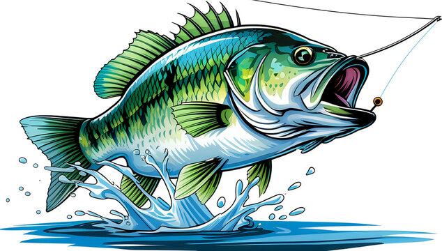 Large green bass fish jumping out of water with open mouth