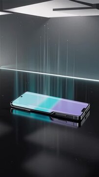 Hyperdetailed 3D CGI render of a sleek flagship smartphone resting on a polished minimalist surface its screen softly glowing with abstract nonreadable light patterns while subtle ambient particles