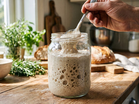 Sourdough starter bubbling in jar on wooden kitchen table  