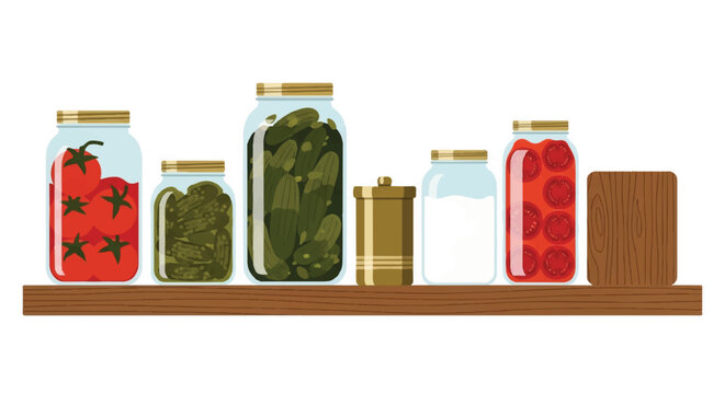 A minimalist wooden shelf holding glass mason jars filled with preserved urban garden vegetables like pickles and tomatoes. Clean pantry aesthetic, 5-color palette of tomato red, pickling green,