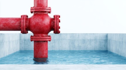 Fototapeta premium Large Isolated Red Pipe Structure in an Open Water Reservoir on a Clean White Background, Showcasing Modern Industrial Design Elements