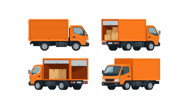 Cargo delivery truck vector vector set featuring orange flatbed commercial vehicles with shipping cardboard boxes from different views
