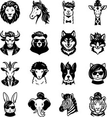 Obraz premium Animal Celebrity Hairstyle Silhouettes. Black & White SVG Vector Icon Pack