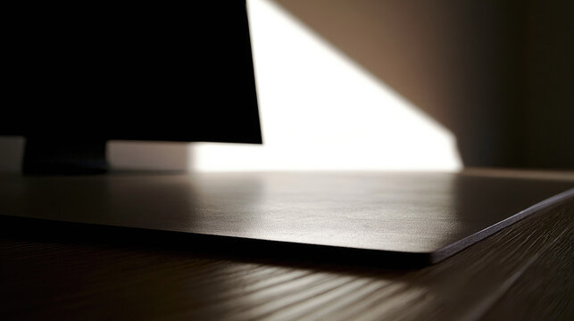Minimal desk mat dark workspace wooden desk bright sunlight shadow empty surface modern interior clean design