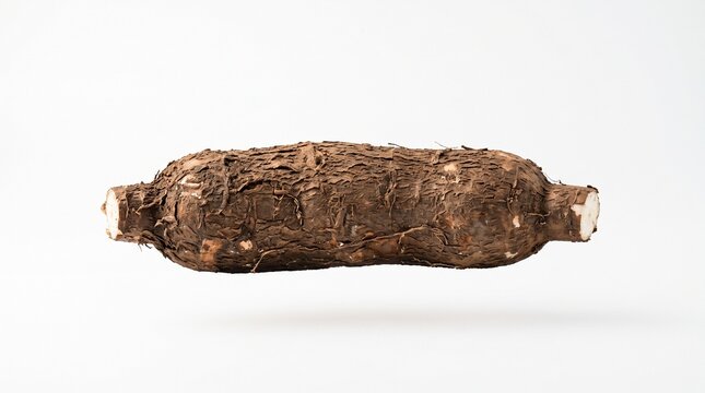 Whole cassava root with brown bark on white background