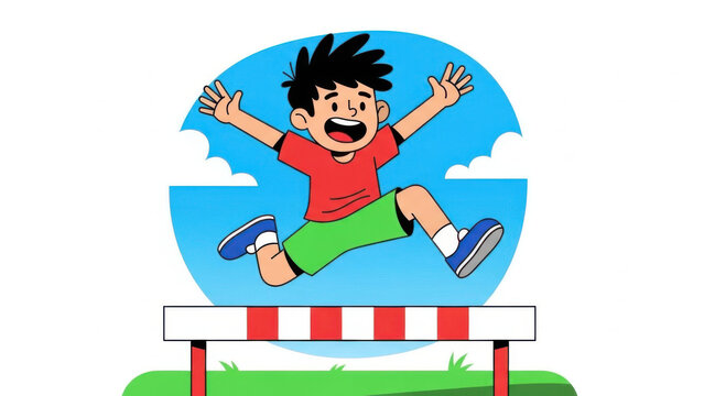 Happy boy jumping over a hurdle in a fun cartoon style