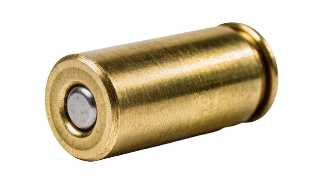 Golden brass bullet casing with silver primer, isolated on transparent background