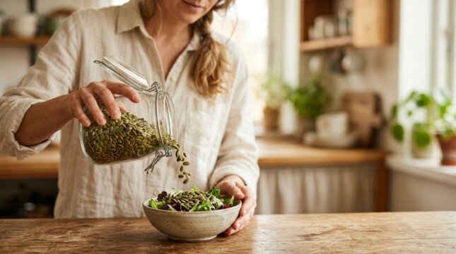 Woman pours nutritious pumpkin seeds from a glass jar onto a fresh salad in a warm modern home kitchen