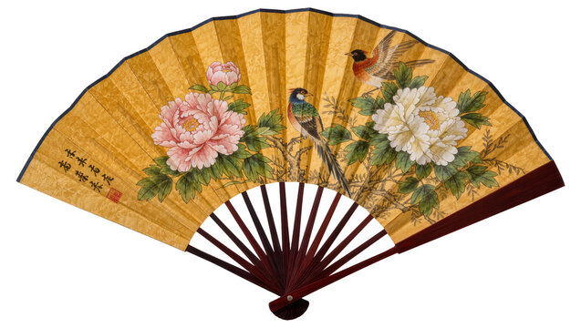 Golden oriental fan with painted birds and peonies, isolated on transparent background