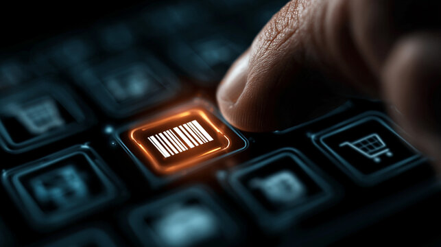 Hand touches a glowing orange barcode icon on a digital touchscreen keyboard.