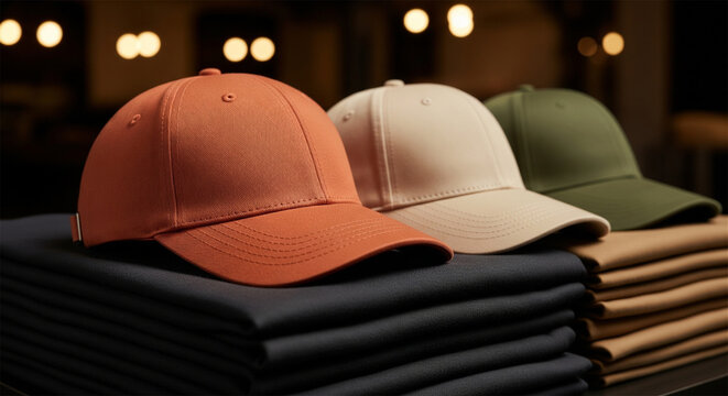 Blank baseball caps mockup on folded shirts, orange, beige, and green cotton hats, retail apparel display