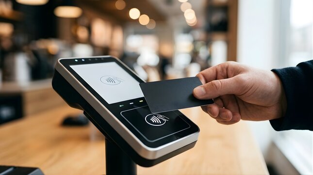 Person holding black card making contactless payment at a retail terminal