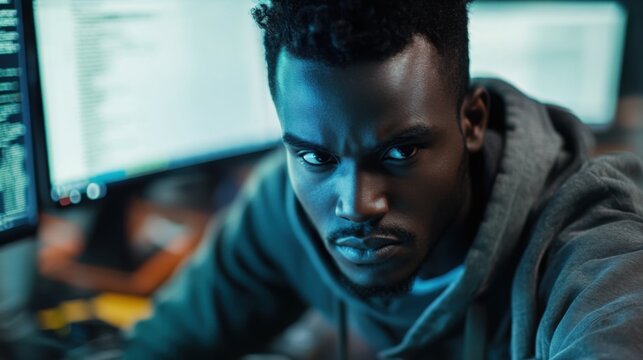 Intense coder portrait focused on computer screen with determination in his eyes