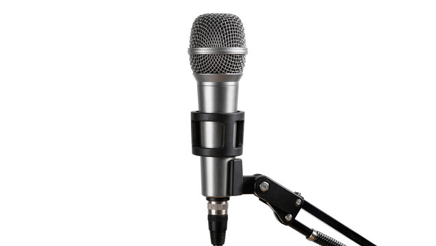Silver dynamic microphone on adjustable stand, isolated on transparent background