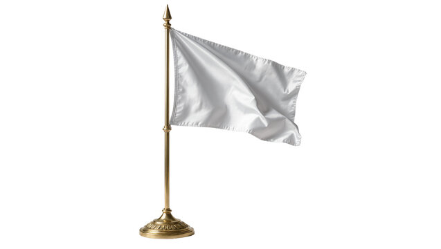 White fabric flag on ornate brass pole, isolated on transparent background
