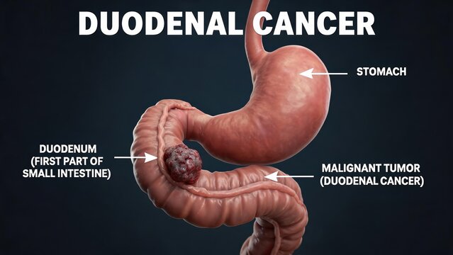 Duodenal cancer 3D anatomy diagram, stomach and duodenum showing malignant tumor