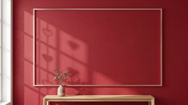 Empty Picture Frame Mockup on Dark Red Wall with Console Table and Window Shadow