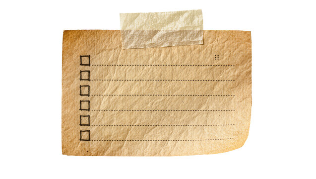 Old crumpled paper checklist with checkboxes and lines, isolated on transparent background