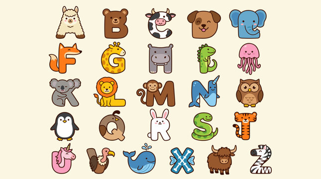 Alphabet letters formed by cute animals on a light yellow background