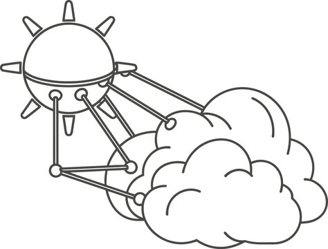 Tensegrity Monoline Icon of Sun and Rain Cloud With Suspended Floating Components Held by Thin Tension Cables