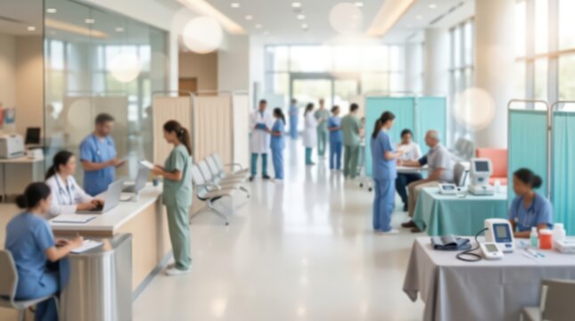 ultra wide blurred shot of a bustling medical clinic lobby, doctors and nurses in blue scrubs at workstations, patients waiting for consultation, bright contemporary hospital interior with lens flare.