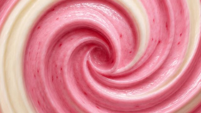 Macro Close Up of Glossy Strawberry Cream and Vanilla Swirl with Smooth Pink Texture, Real Strawberry Speckles and Spiral Vortex Pattern Portrait Background