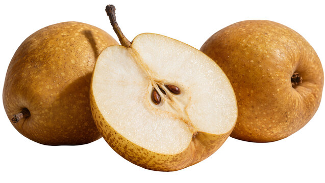 Two whole Asian pears and one halved pear showing seeds, isolated on transparent background