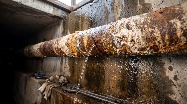 A severely corroded and leaking metal pipe with rust and water damage in a dark, damp industrial or basement environment.