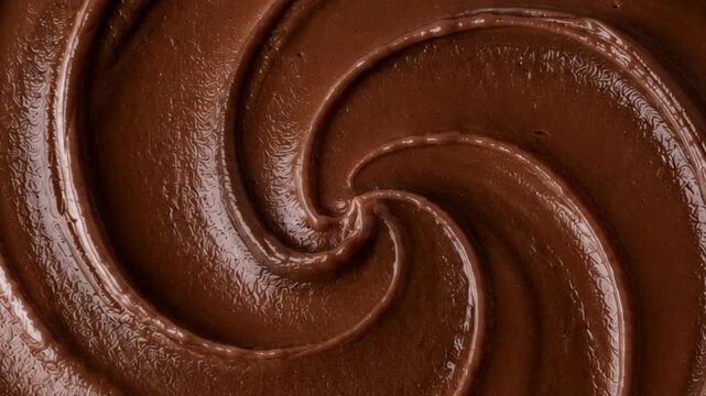 Ultra Detailed Close Up of Glossy Chocolate Cream Swirl with Smooth Rich Texture and Spiral Pattern, Abstract Dessert Food Background