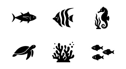 Fototapeta premium Marine Life Icons Set: Tuna, Angelfish, Seahorse, Turtle, Coral, School of Fish Vector Graphics