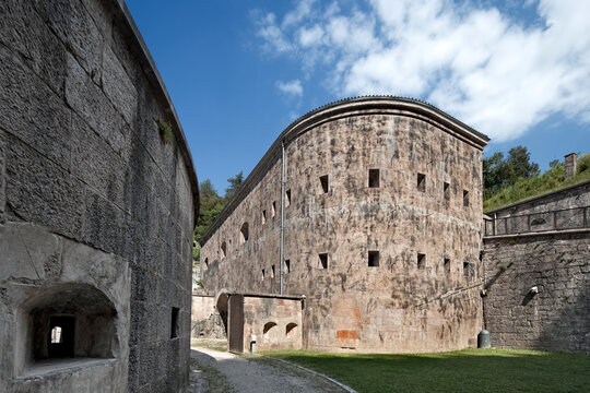 Fort Cadine: the entrance to the main casemate with its defensive walls. Trento, Trentino, Italy.