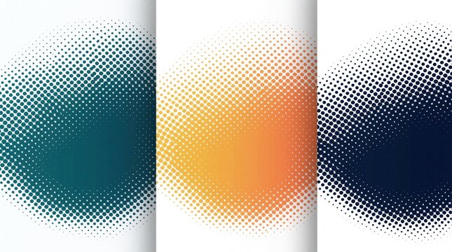 Set of three colorful halftone dot pattern backgrounds on white. Abstract circular graphic design with gradient colors like teal, orange, navy blue. Minimal geometric shapes create retro pop art