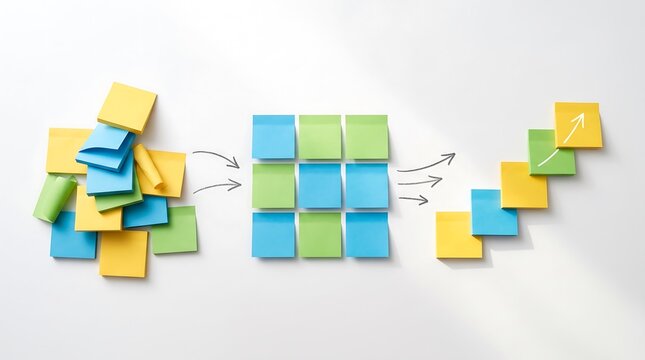 Conceptual image showing messy sticky notes being organized into a neat grid and a streamlined process flow