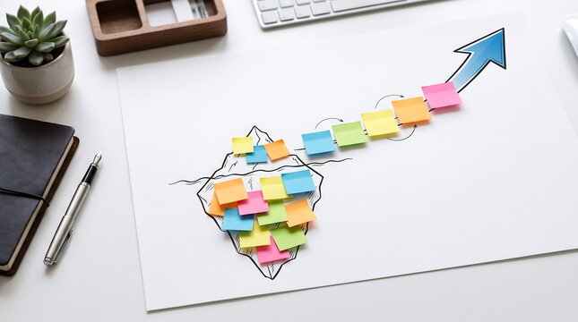 Light bulb shape made of colorful sticky notes with an upward trending arrow on white office desk