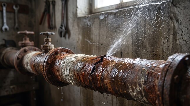 A severely corroded and rusty metal pipe with a large crack, actively spraying water in a dimly lit, old utility room.