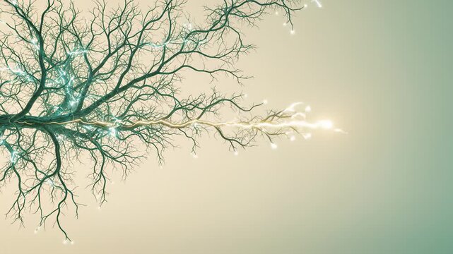 Abstract Digital Tree Growth With Glowing Energy Pulses and Neural Network Connections