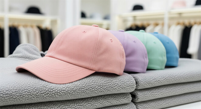 Pastel baseball caps on folded sweaters, colorful cotton dad hats in a retail clothing store, blank headwear mockup for apparel branding
