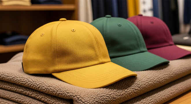 Colorful baseball caps on display, blank cotton dad hats in yellow, green and burgundy, retail apparel store concept
