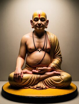 Sculpture of Indian saint Swami Samarth in meditation pose. This hindu guru wears saffron robes and has a tilak on his forehead. He sits cross legged on a yellow base.