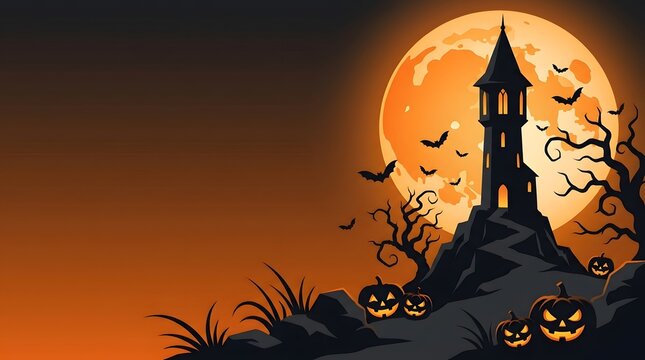 Spooky haunted castle on a hill with glowing pumpkins and flying bats under a large orange full moon