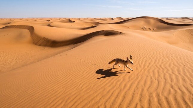 Fennec fox running across vast Sahara desert sand dunes in bright daylight.
