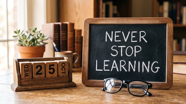 Never stop learning text on a small chalkboard on a desk